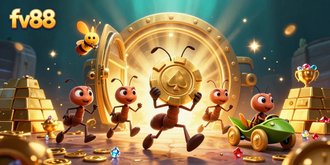 Experience the excitement of fv88 with a lively heist scene showcasing charming insect characters and golden treasures.