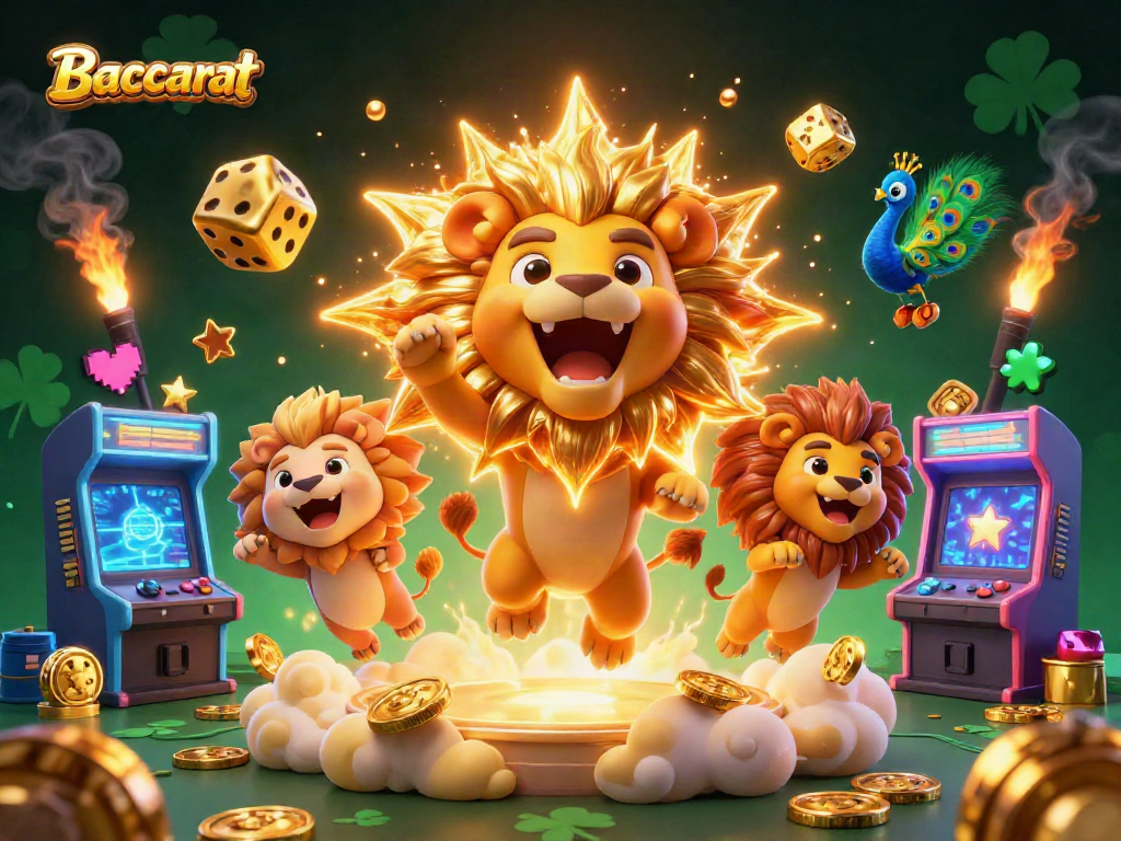 Baccarat themed 3D illustration featuring a roaring lion, golden dice, and vibrant casino elements.