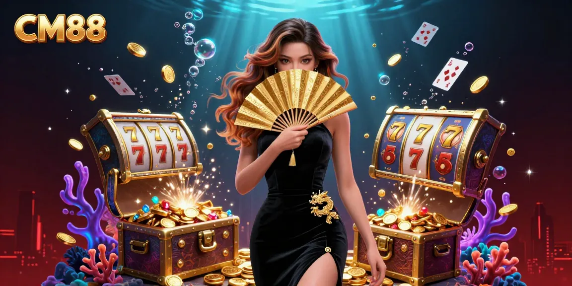 Immerse in CM88 casino action featuring a stunning Asian woman in a vibrant 3D illustration surrounded by slot reels.