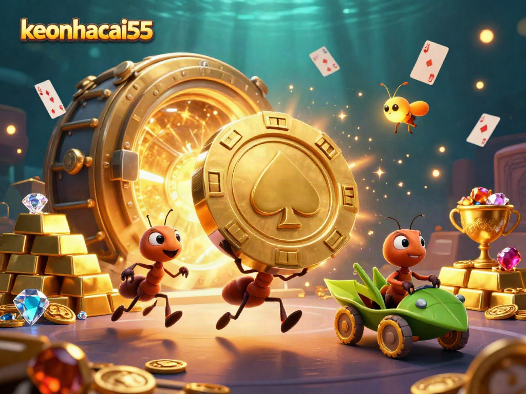Engage with keonhacai55 through a vibrant heist scene featuring animated ants with poker chips.