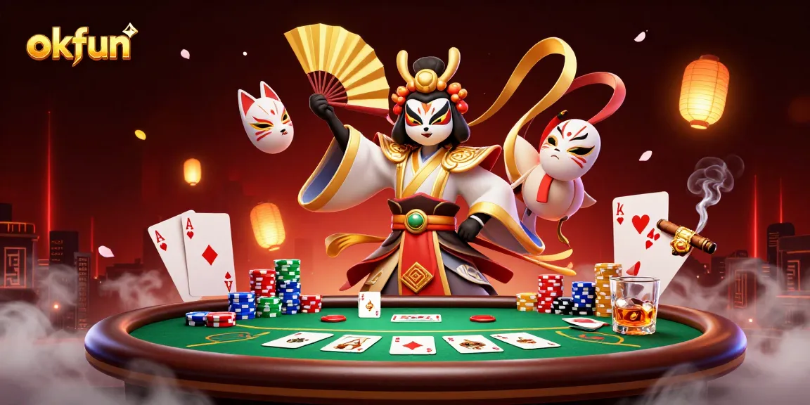 Experience engaging poker action with okfun, showcasing kabuki warriors and vibrant casino elements.