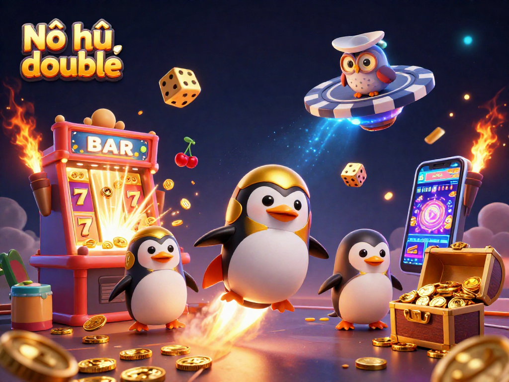 Experience the excitement of Nổ hũ double with a dynamic scene featuring a golden penguin and jackpot-winning elements!