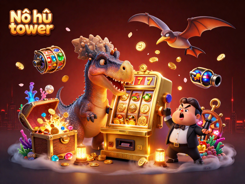 Nổ hũ tower brings excitement as a pachycephalosaurus triggers jackpots with flying gold coins.