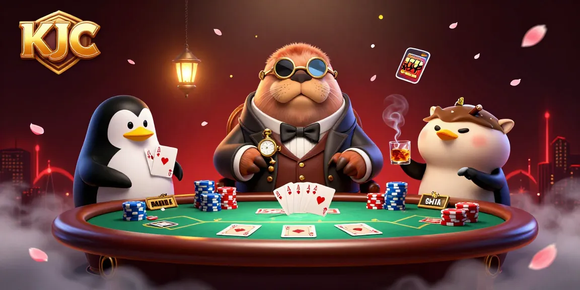KJC hosts a vibrant poker game featuring a walrus, penguin dealer, and pufferfish at a dynamic underwater table.