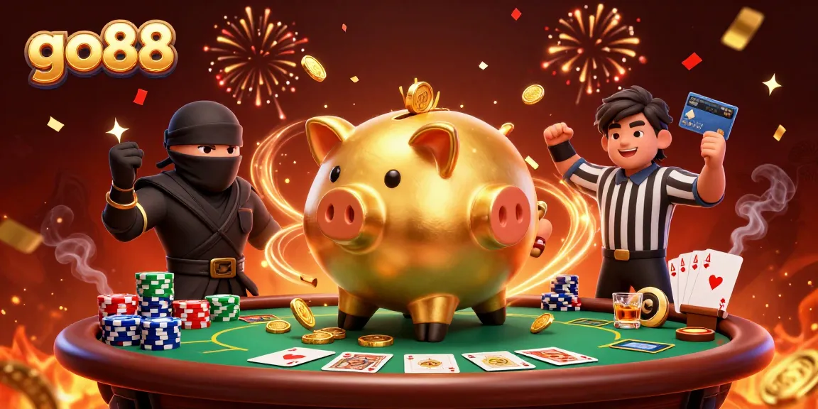 Engage in exciting play with go88 featuring a golden piggy bank sumo wrestler surrounded by casino elements.
