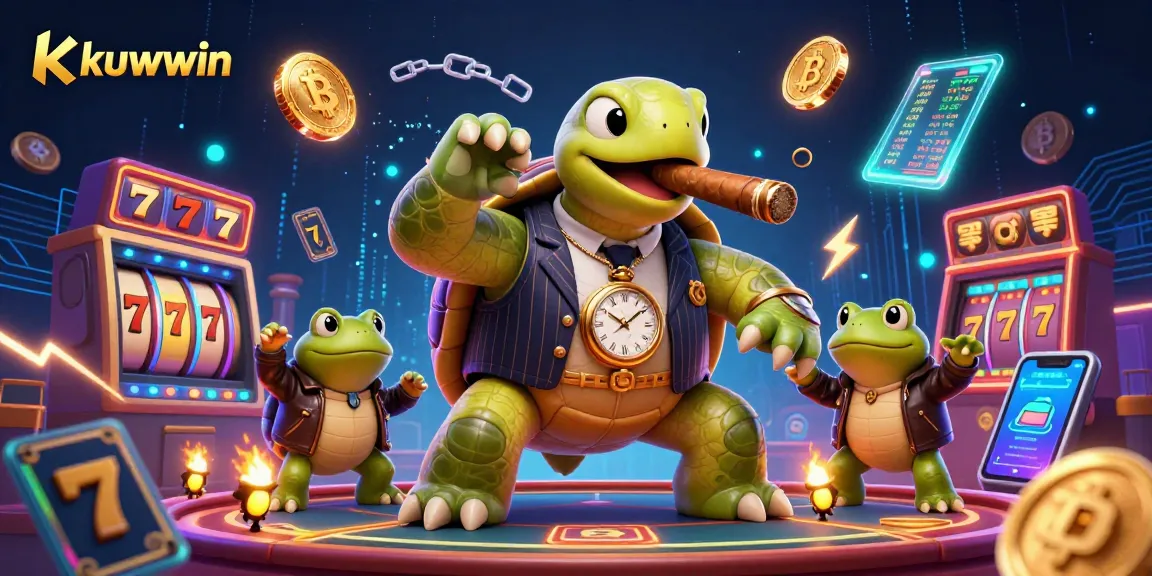 Kuwin enhances gaming excitement with a dynamic 3D scene of a turtle mobster and frog enforcers amidst vibrant slot elements.