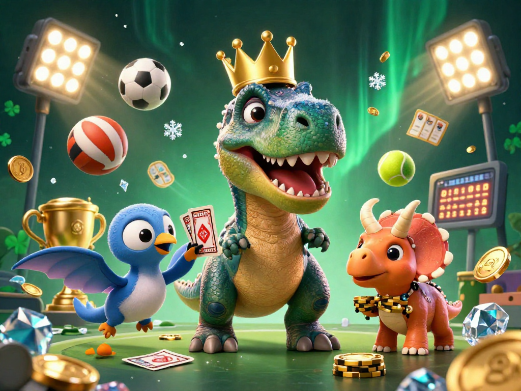 Experience thrilling gaming at da88 with a cartoon T-Rex shuffling cards alongside vibrant sports elements.
