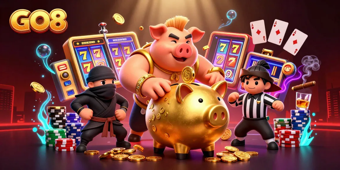 Win big with GO8's thrilling slot games featuring golden characters and dynamic elements.
