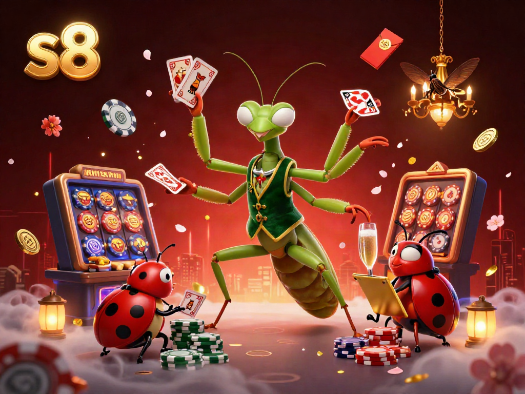 Engage with the thrilling atmosphere at s8 as a mantis card sharp deals cards amidst sparkling casino elements.