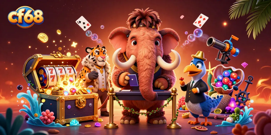 cf68 showcases a vibrant casino scene with a woolly mammoth bouncer and a saber-tooth tiger VIP.