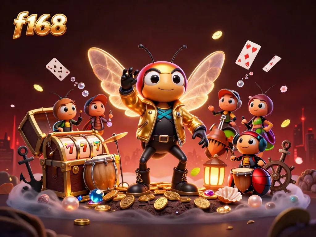 Engage with the f168 world showcasing a vibrant 3D scene of winning slots, gold coins, and animated characters.
