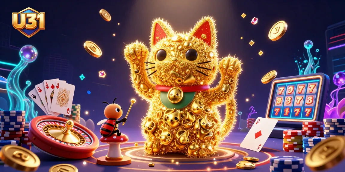 Experience thrilling casino action with U31's golden firefly lucky cat amidst dazzling game symbols.