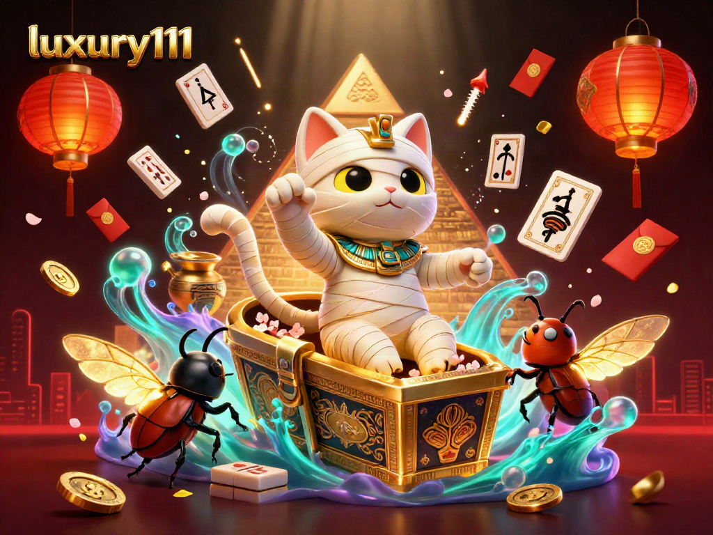 Experience luxury111 in an exciting pyramid casino scene with a mummy cat, golden scarab, and vibrant games.
