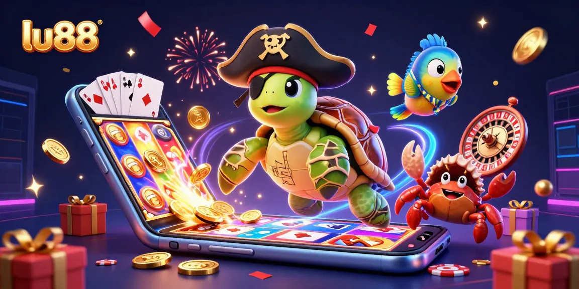 Experience immersive gaming action with lu88 alongside a cartoon pirate turtle and friends amidst vibrant casino elements.