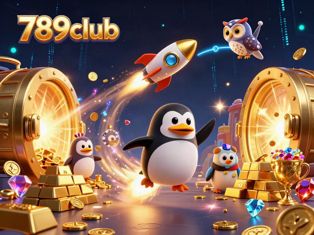 Immerse in the thrilling visuals of 789club as a golden penguin rockets towards a poker chip casino.