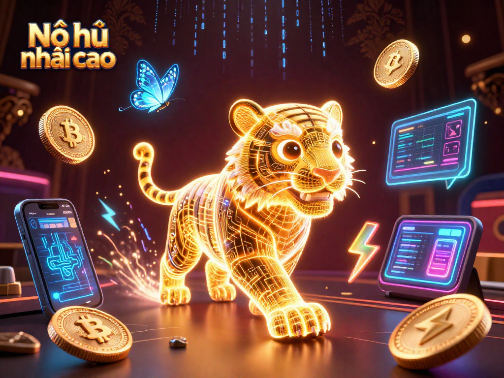 Nổ hũ nhảy cao energetic scene with a golden tiger and digital elements illuminating the casino