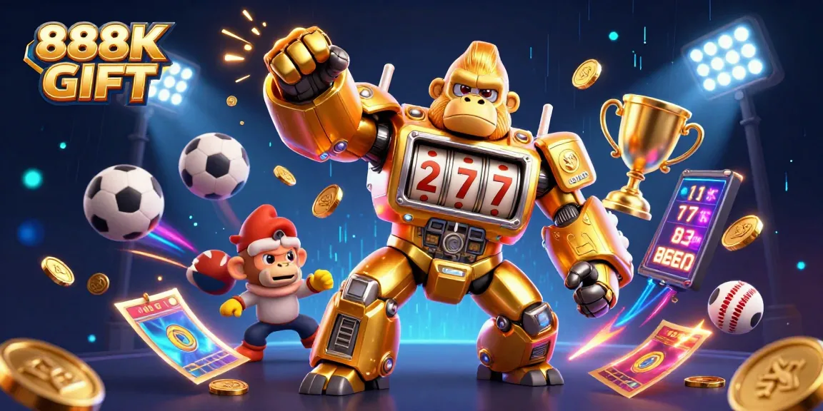Elevate your gameplay with the 888K GIFT jackpot-themed illustration showcasing dynamic casino elements.