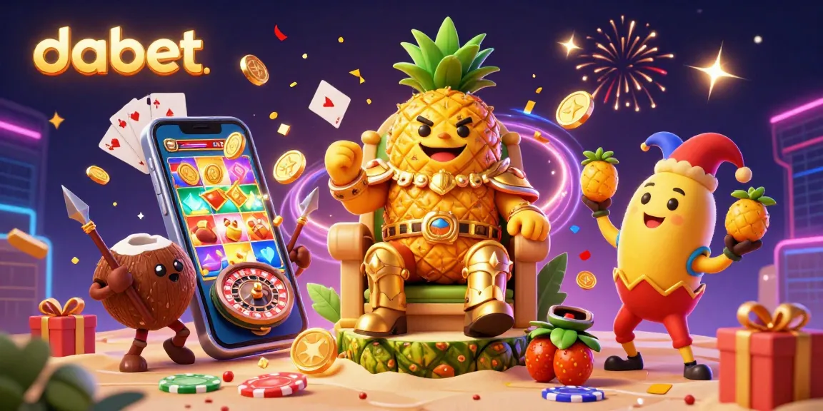 dabet showcases fun gaming action with a pineapple king and vibrant casino elements in a lively 3D scene.