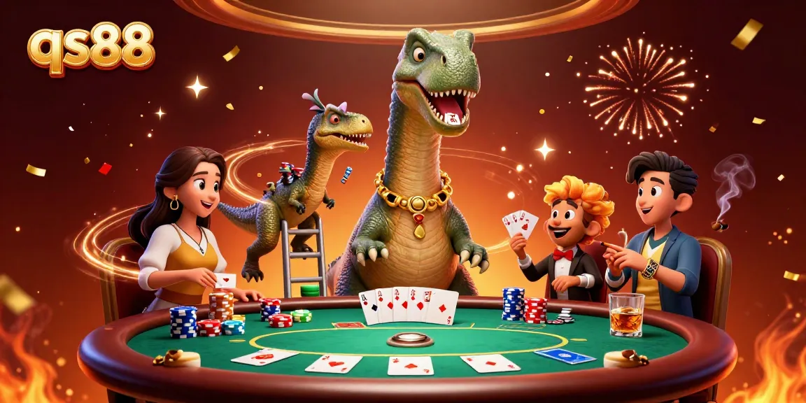 Engage with qs88 at the vibrant casino scene featuring a playful dinosaur and dynamic poker action.