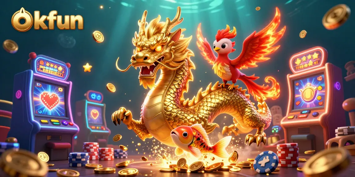 Experience thrilling slots with okfun featuring a golden dragon, phoenix, koi fish, and vibrant casino elements.