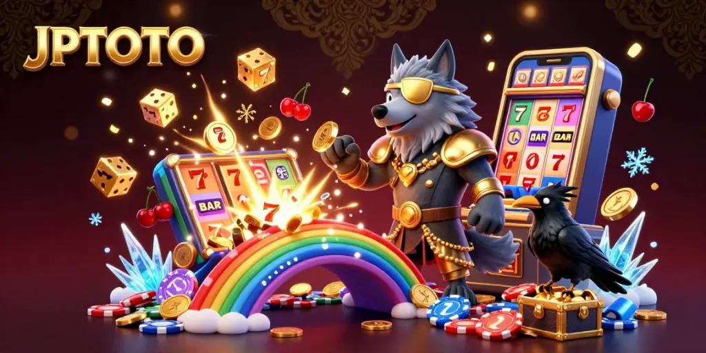 Experience JPTOTO's vibrant gaming world with Odin and his ravens amid a jackpot explosion and glowing casino elements.