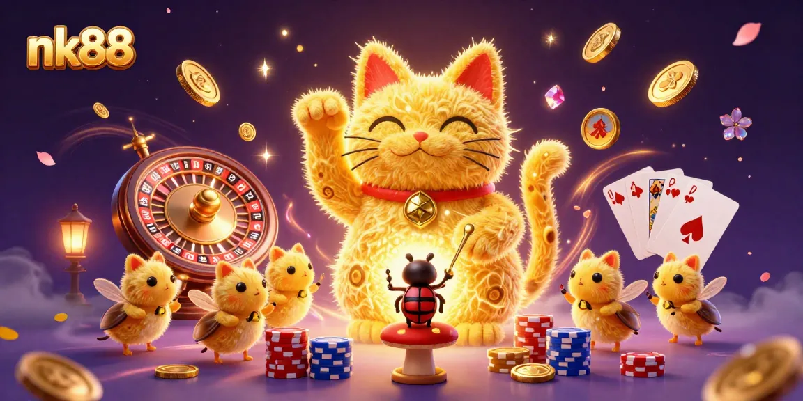 Experience the thrill of nk88 with vibrant golden fireflies and rich casino elements in this dynamic illustration.
