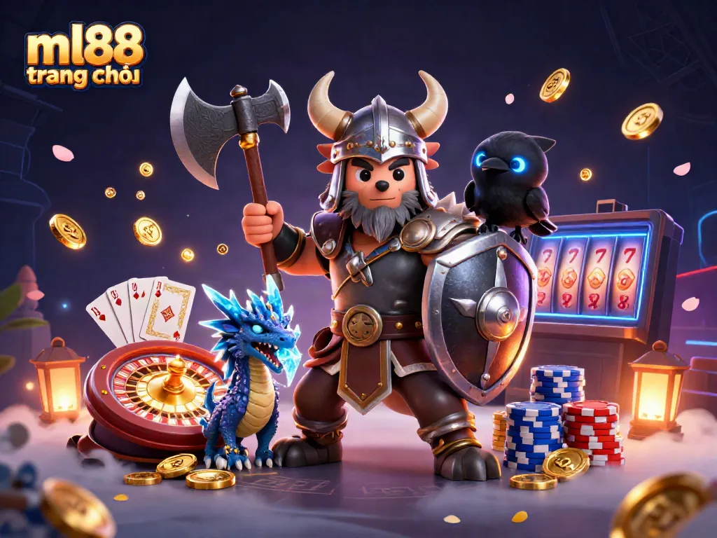 Experience gaming action at ml88 trang chủ with a vibrant 3D Viking and dragon scene showcasing casino elements.