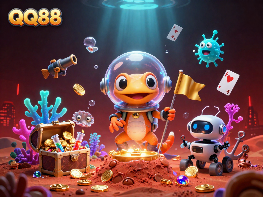 Engage with QQ88 gaming excitement as a Martian gecko uncovers a hidden casino treasure!
