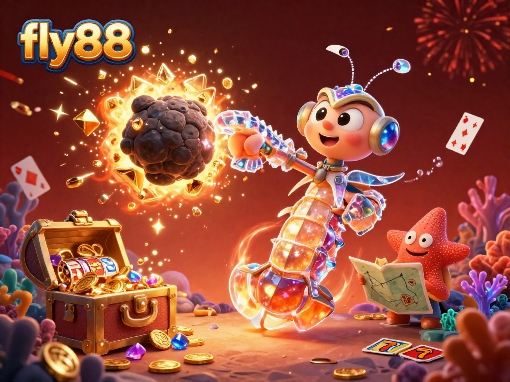 Engage with exciting slots at fly88, featuring vibrant cartoon characters and treasure-filled scene.
