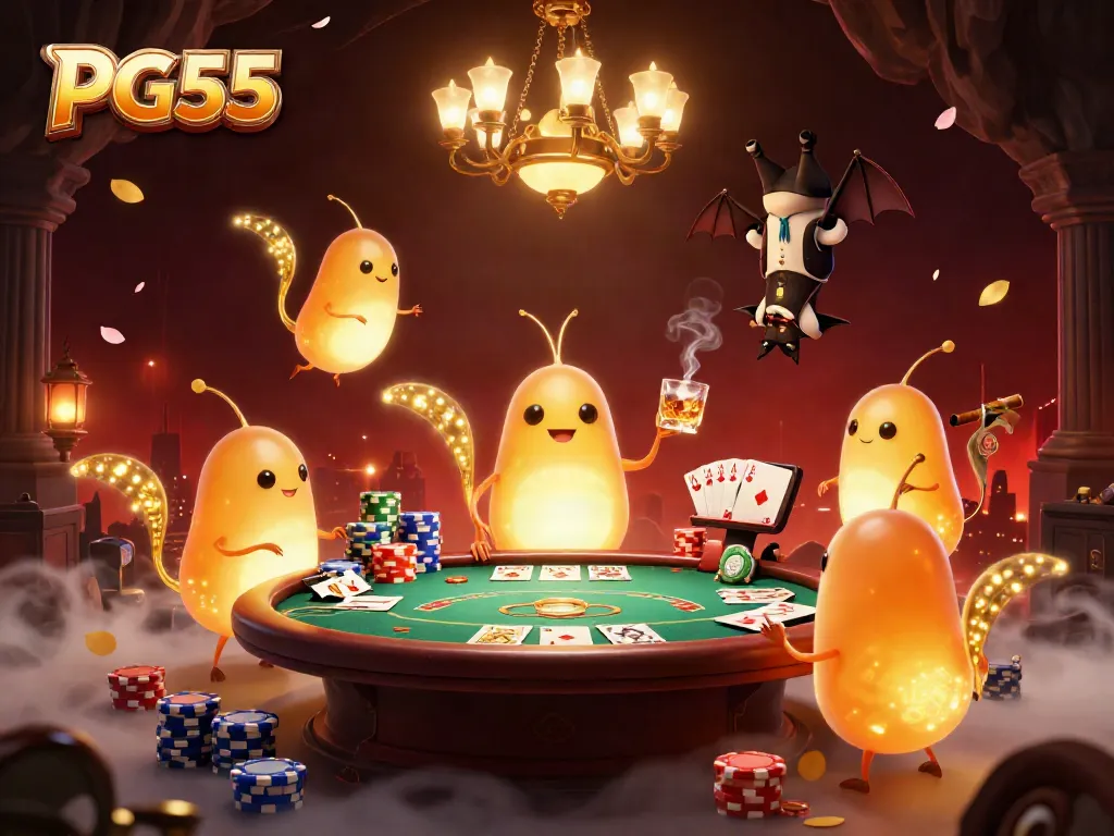 Experience the excitement of PG55 casino with glowing glowworms, card tables, and casino elements in a vibrant illustration.