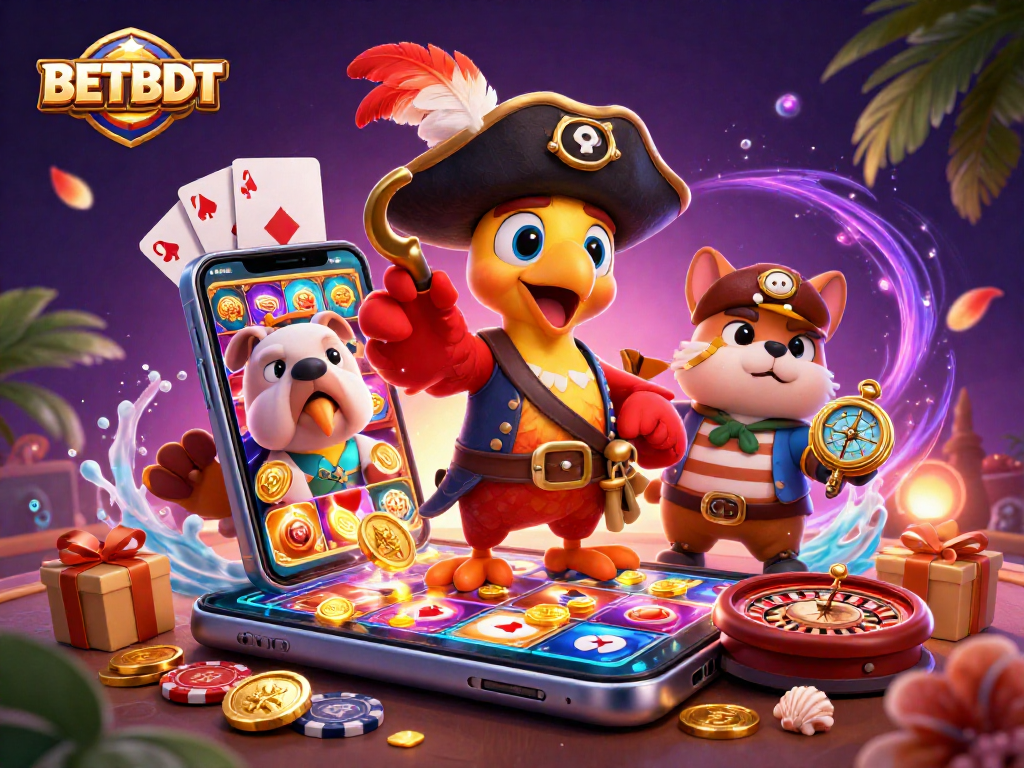 Engage in the excitement of BETBDT with animated characters and vibrant casino elements.