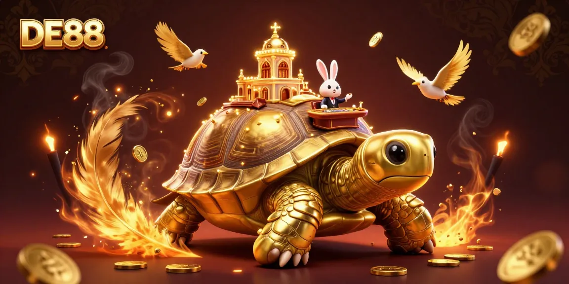 Play at DE88 casino with rabbits dealing cards and golden tortoises in a vibrant wonderland.