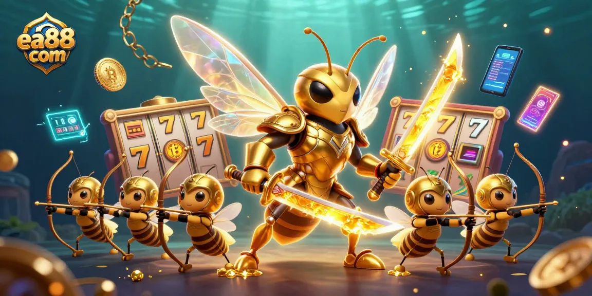 Engage with the fun of slot gaming at ea88 com, featuring a 3D golden hornet samurai and dynamic slot elements.