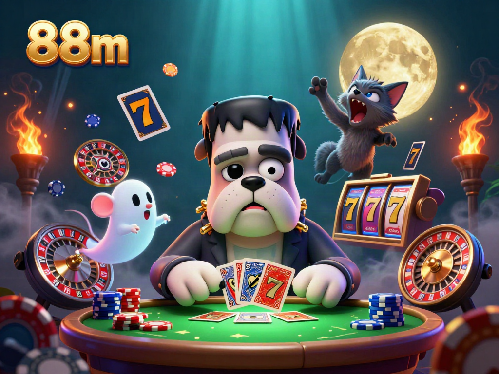 Engage in gaming thrills at 88m with a spirited scene of a bulldog monster and friends in a spooky casino setting.