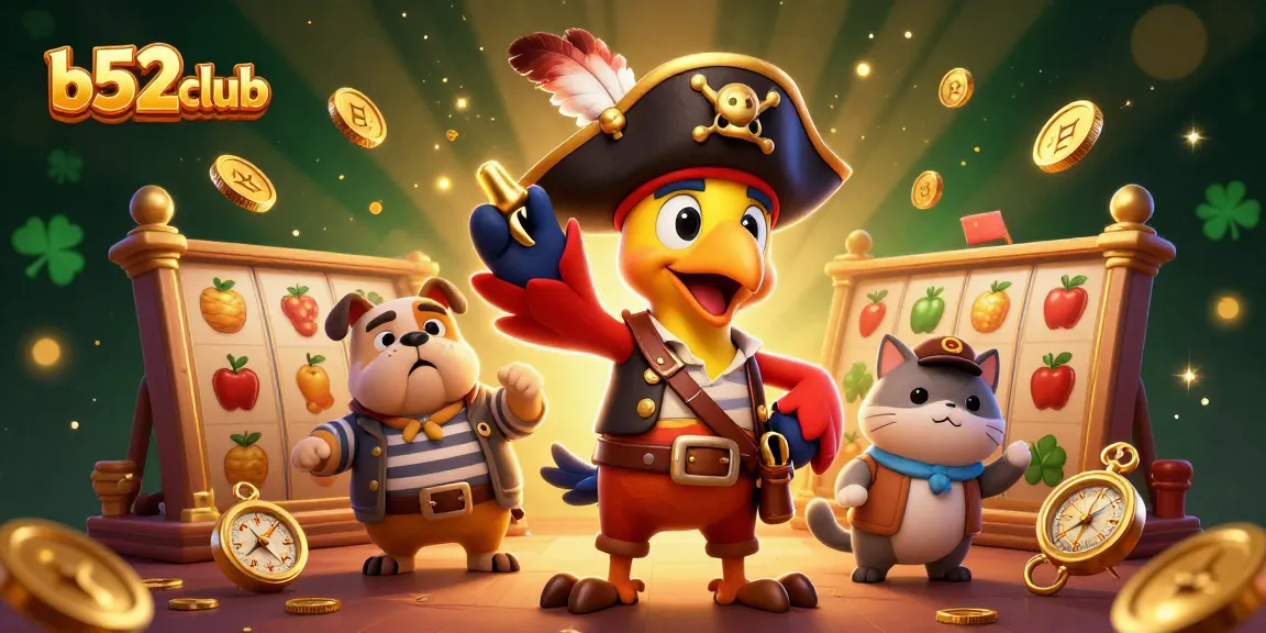 Battle for fortune at b52club with slot reels and captivating characters in vibrant casino scene