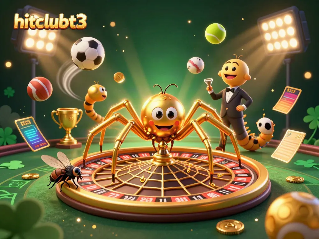 Experience the thrill at hitclubt3 with a golden spider spinning a roulette wheel amidst dynamic sports elements.