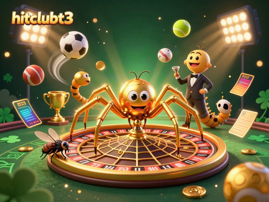 Experience the thrill at hitclubt3 with a golden spider spinning a roulette wheel amidst dynamic sports elements.