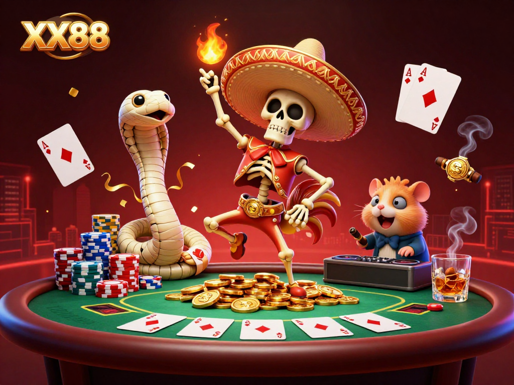 Join the celebration of winning with XX88, featuring a vibrant 3D scene with characters on poker table.