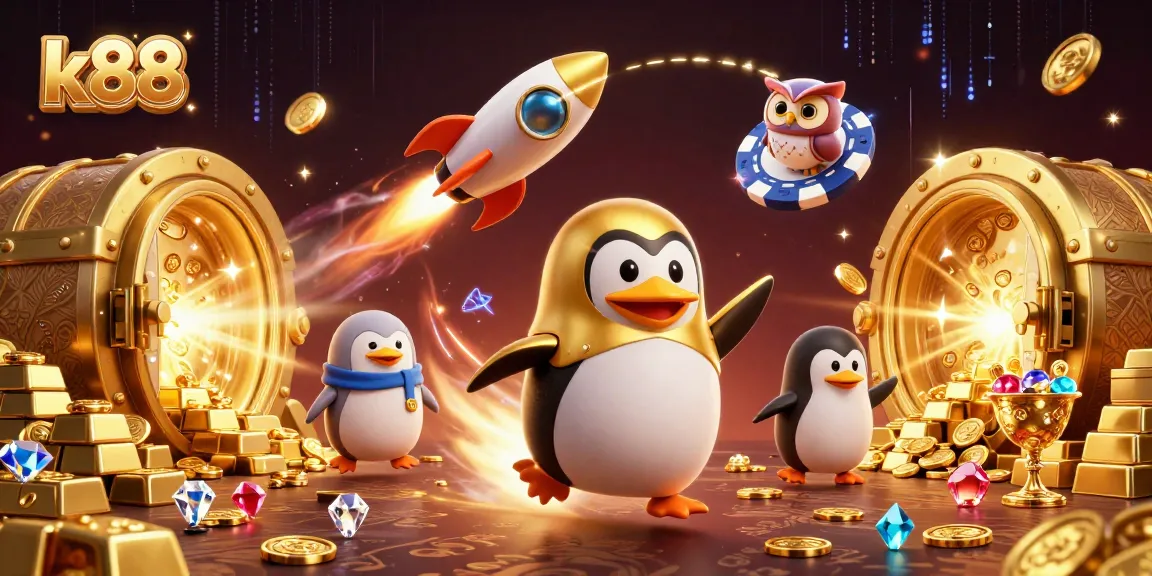 k88's golden penguin blasts through a cosmic casino, leaving coins in its wake.