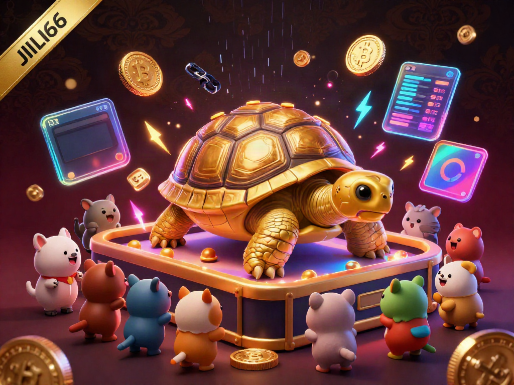 Experience thrilling games at JILI66 with exciting slots, as vibrant neon coins light up the scene.
