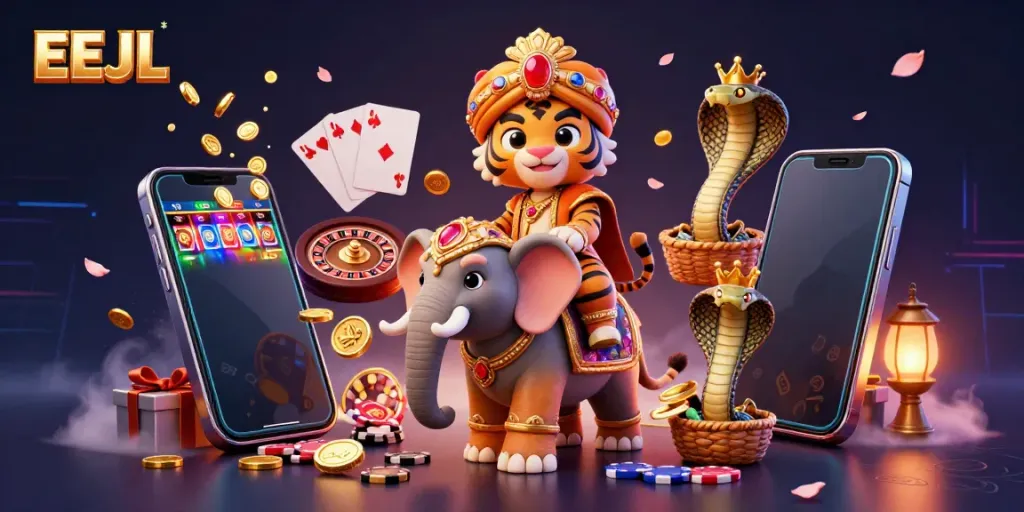 EEJL gaming scene showcasing a maharaja tiger, elephant, and cobra with vibrant casino elements.