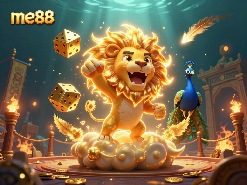 Experience the vibrant me88 scene with a roaring sun lion and golden dice, capturing the thrill of online casino games.