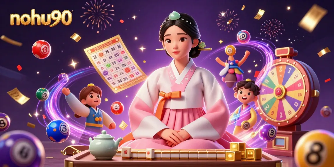 Nohu90 engages players with vibrant lottery elements and serene traditional motifs in this 3D casino illustration.