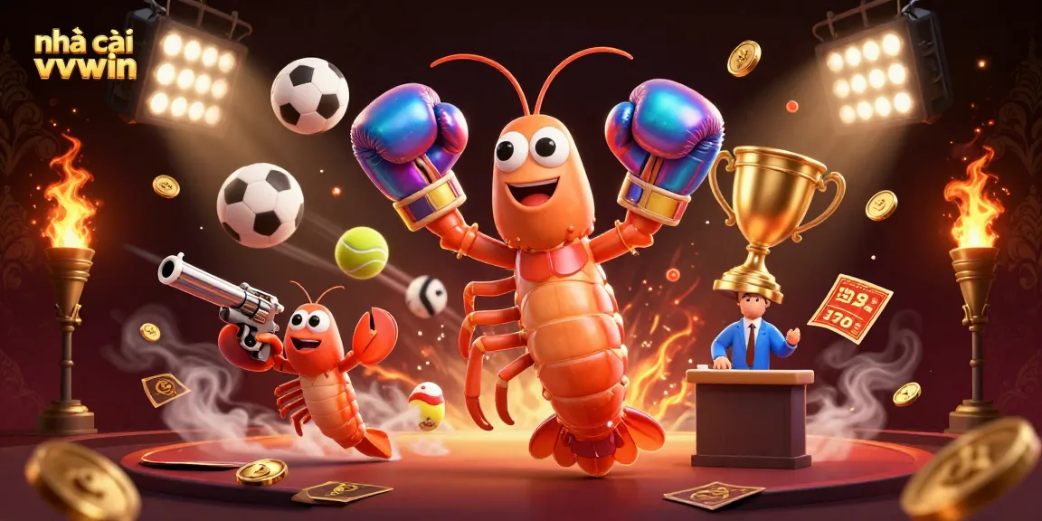 Betting on fights as the nhà cái vvvwin offers thrilling cockfighting experiences, featuring colorful shrimp characters and dynamic elements.