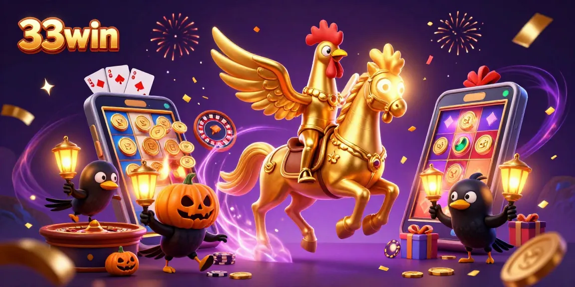 Engage with 33win's thrilling casino experience alongside a golden rooster and companions in a vibrant setting.