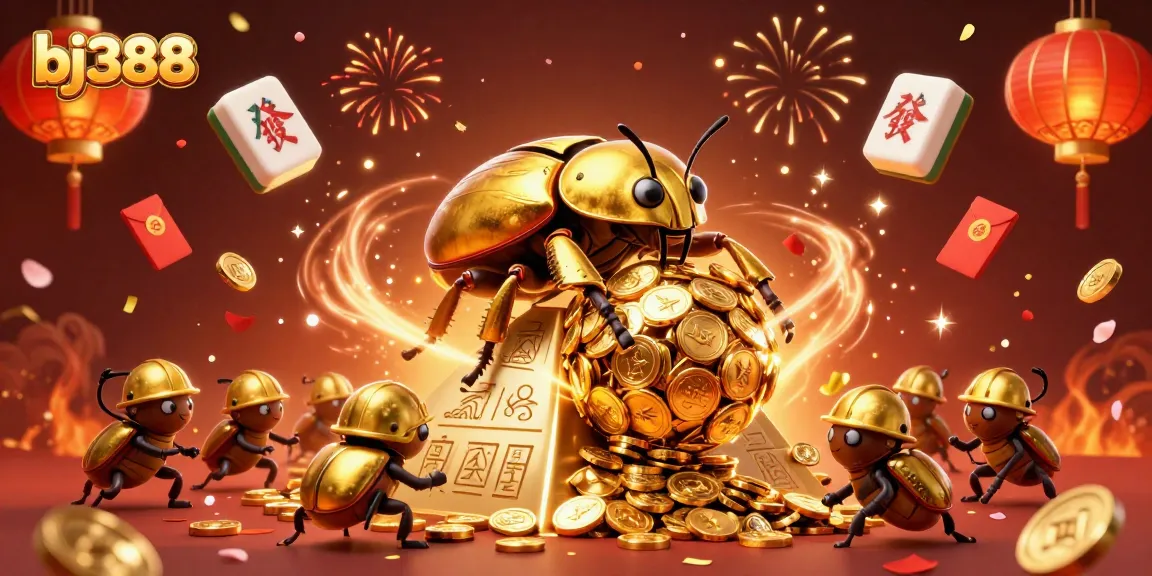 Experience exciting gameplay at bj388 with a dynamic 3D illustration capturing golden beetles and casino symbols.