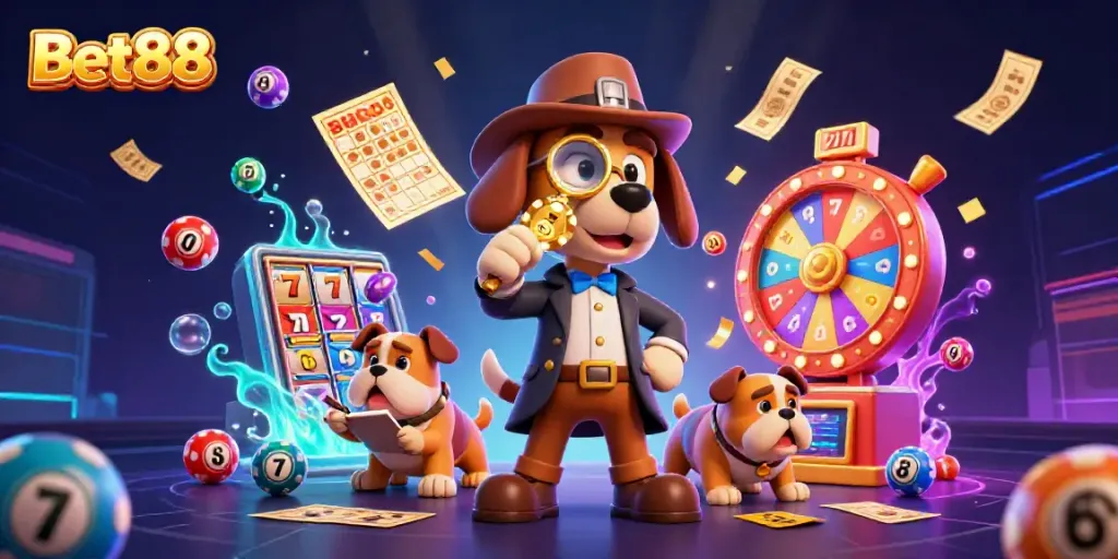 Experience thrill with Bet88 as a detective explores poker clues amidst colorful casino game elements.