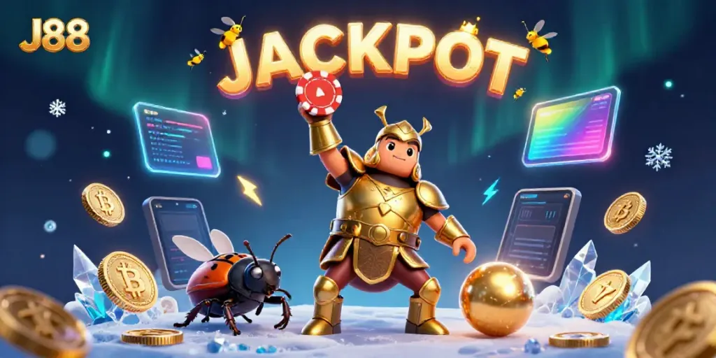 Join J88 with exciting jackpots in a dynamic casino scene featuring vibrant beetle characters.