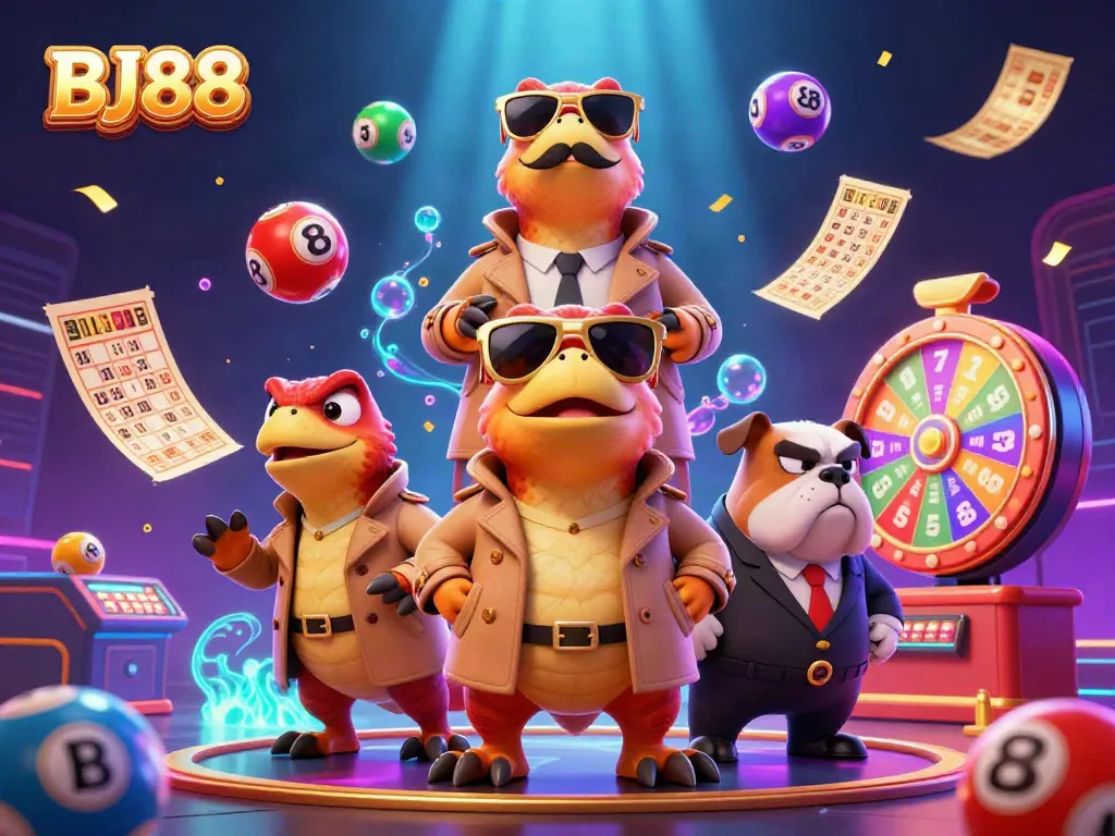 Experience BJ88 with three raptors in disguise trying to enter a VIP casino, surrounded by dynamic lottery and casino elements.