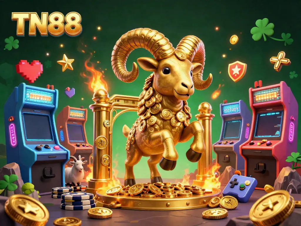 Experience classic gaming with TN88's thrilling golden ram charging through a lively arcade casino scene.